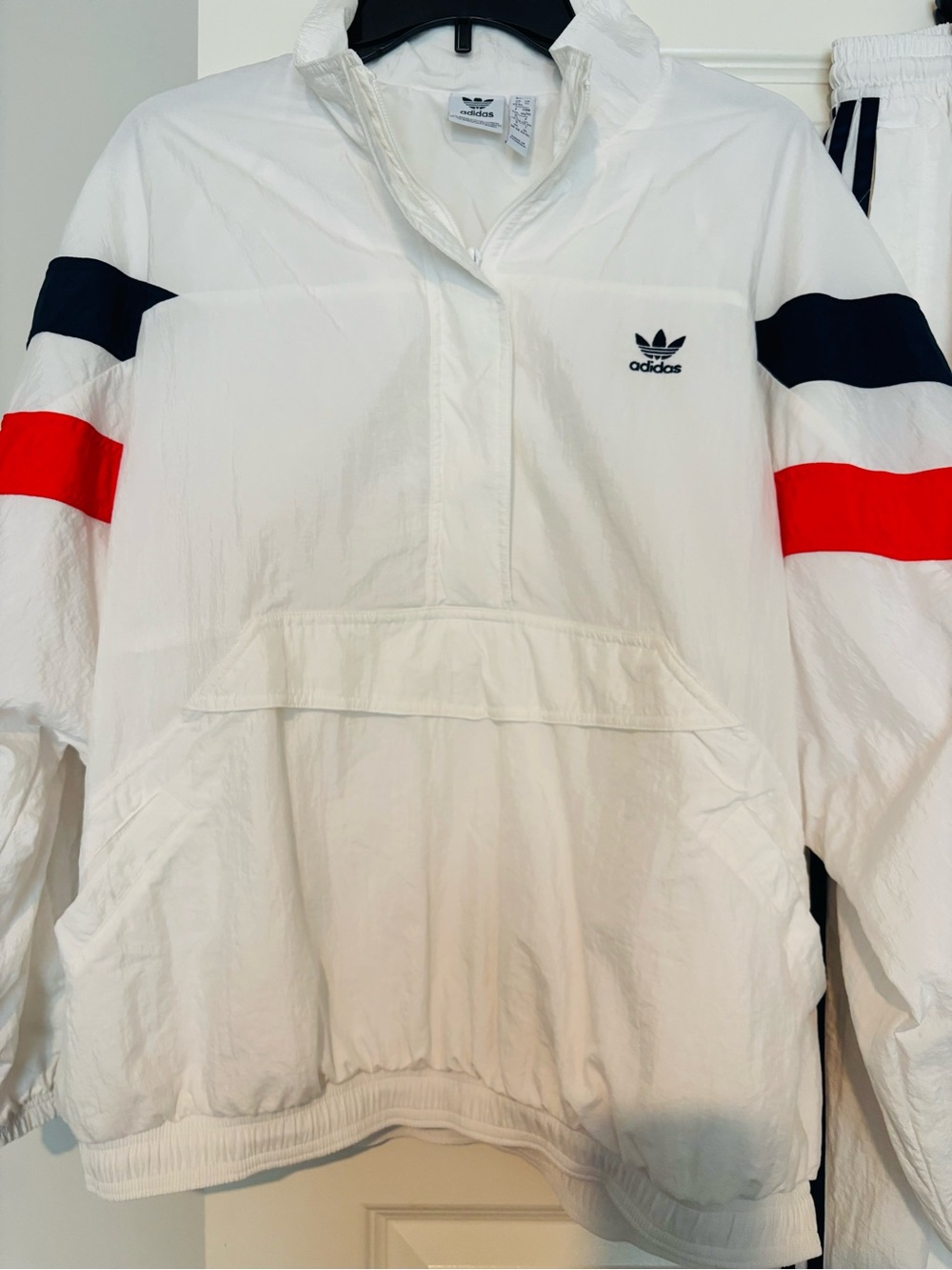 Adidas White Pullover Windbreaker with Pants Navy & Red Sleeve Stripes